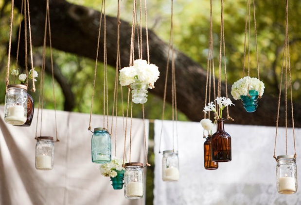 DIY Wedding Decor Idea Hanging mason Jars full of flowers